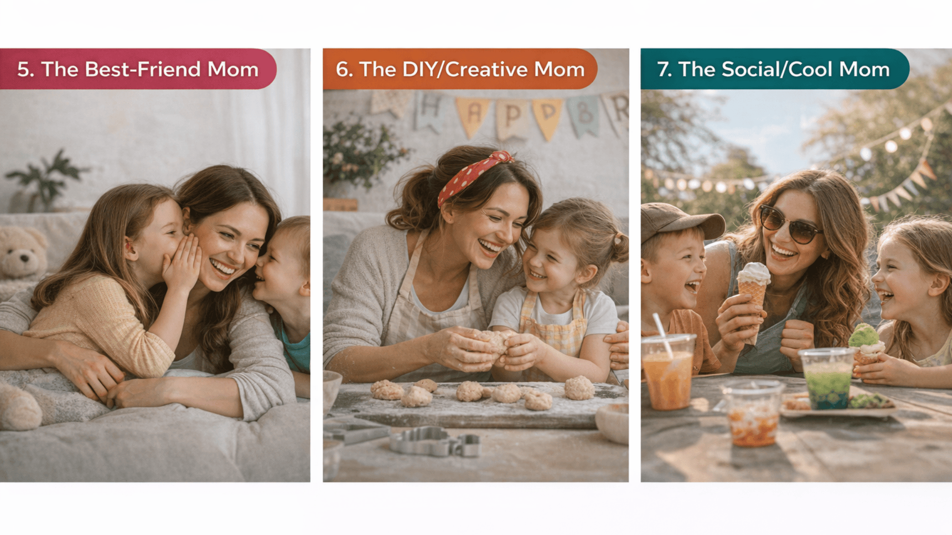 Three-panel collage affectionate mom with kids, creative baking scene, and fun outdoor hangout showing warm, playful parenting styles.