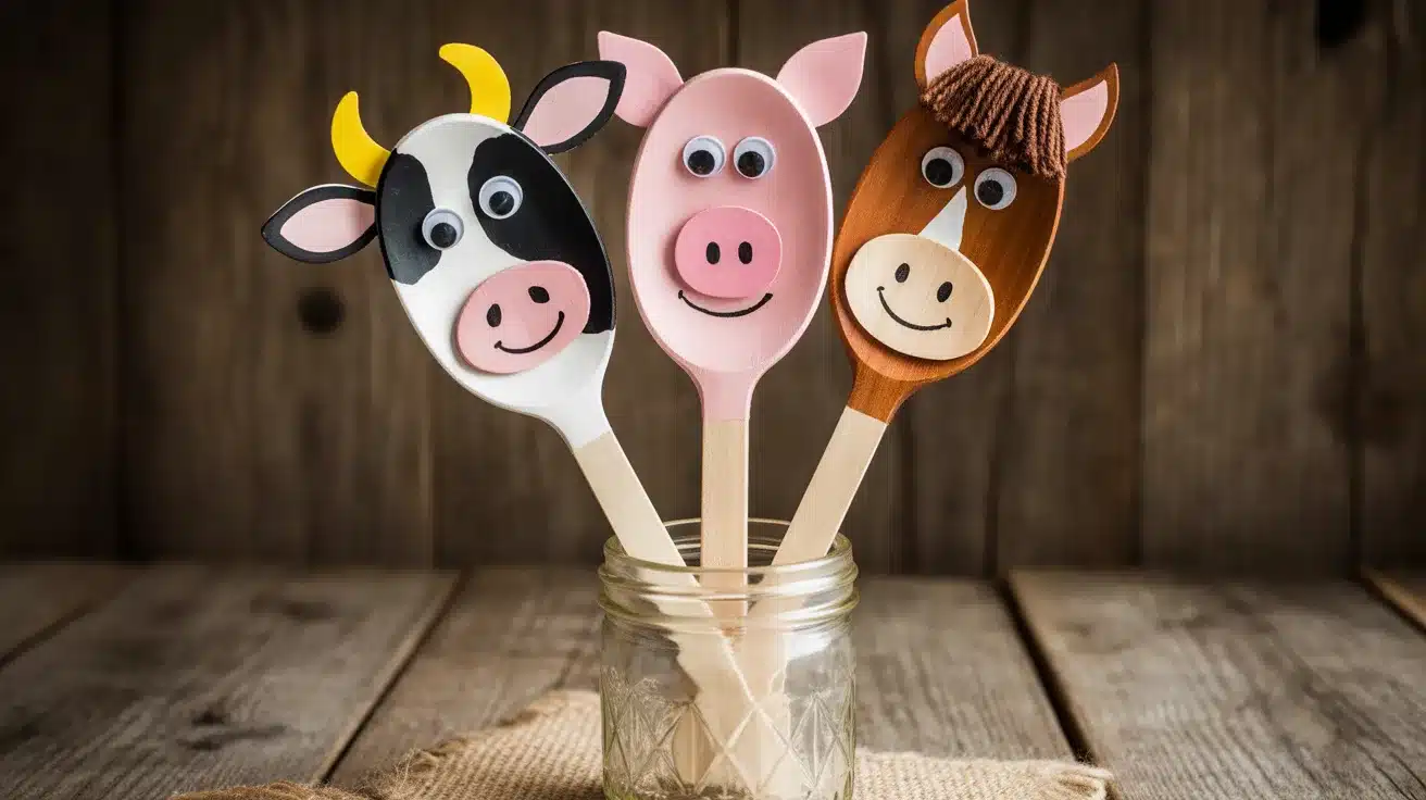 Three wooden spoon farm animal puppets of a cow, pig, and horse with felt ears and yarn details in a jar