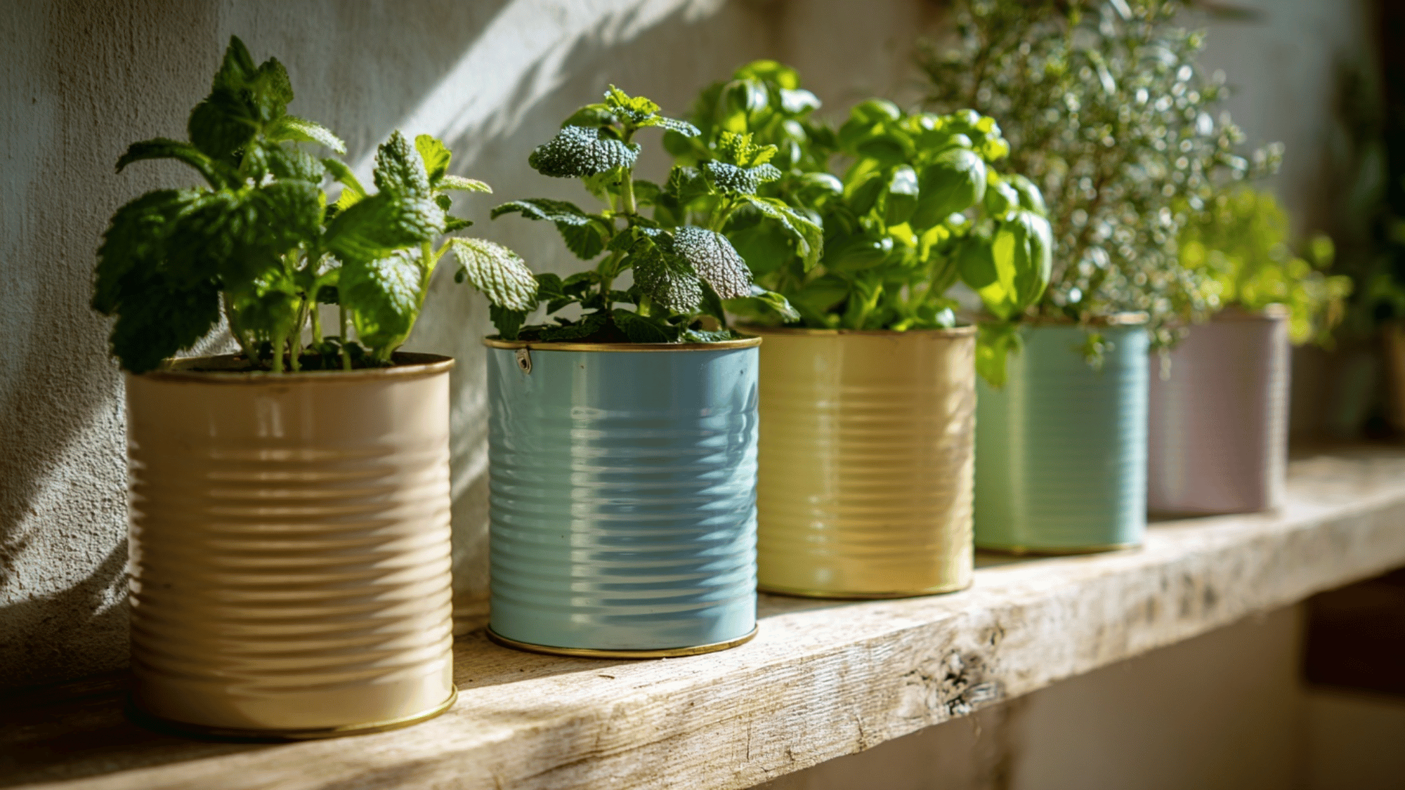 Tin cans reused as planters with small herbs in a simple garden arrangement