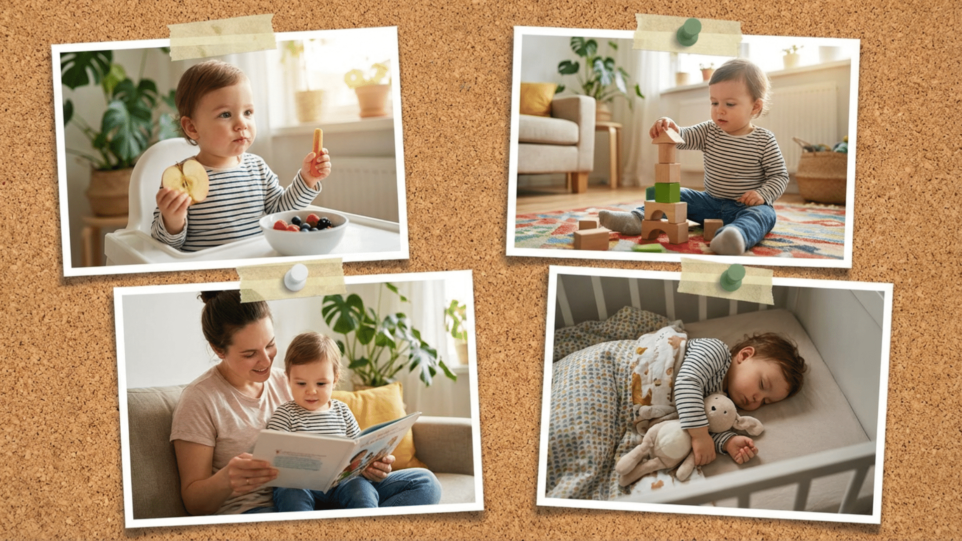 Toddler activities including meals, playtime, learning, and rest