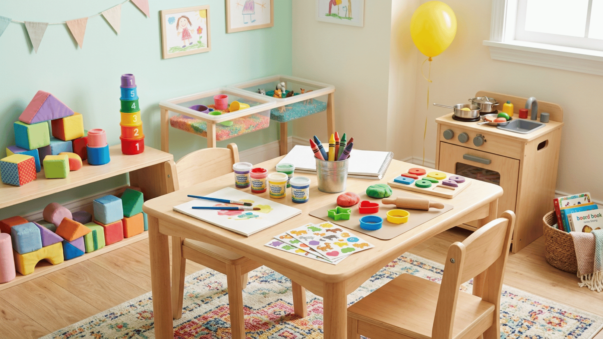 Toddler activity table with paints, crayons, playdough, blocks, puzzles, and sensory bins.