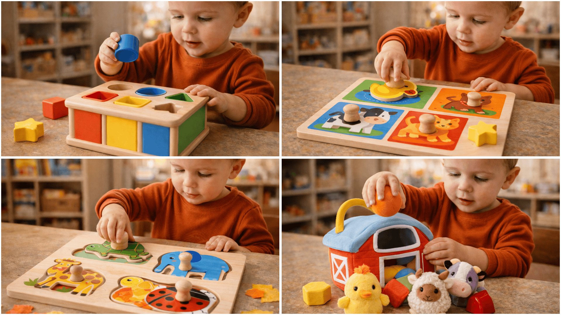 Toddler playing with educational toys shape sorter, inset tray puzzle, knob puzzle, and fill-and-spill toy with colorful shapes on a table.