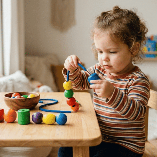 Toddler threading colorful beads onto a lace while sitting at a wooden table.