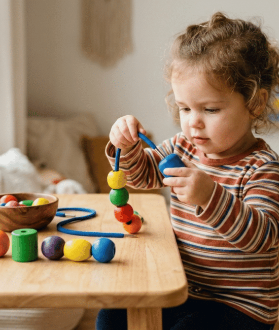 Toddler threading colorful beads onto a lace while sitting at a wooden table.