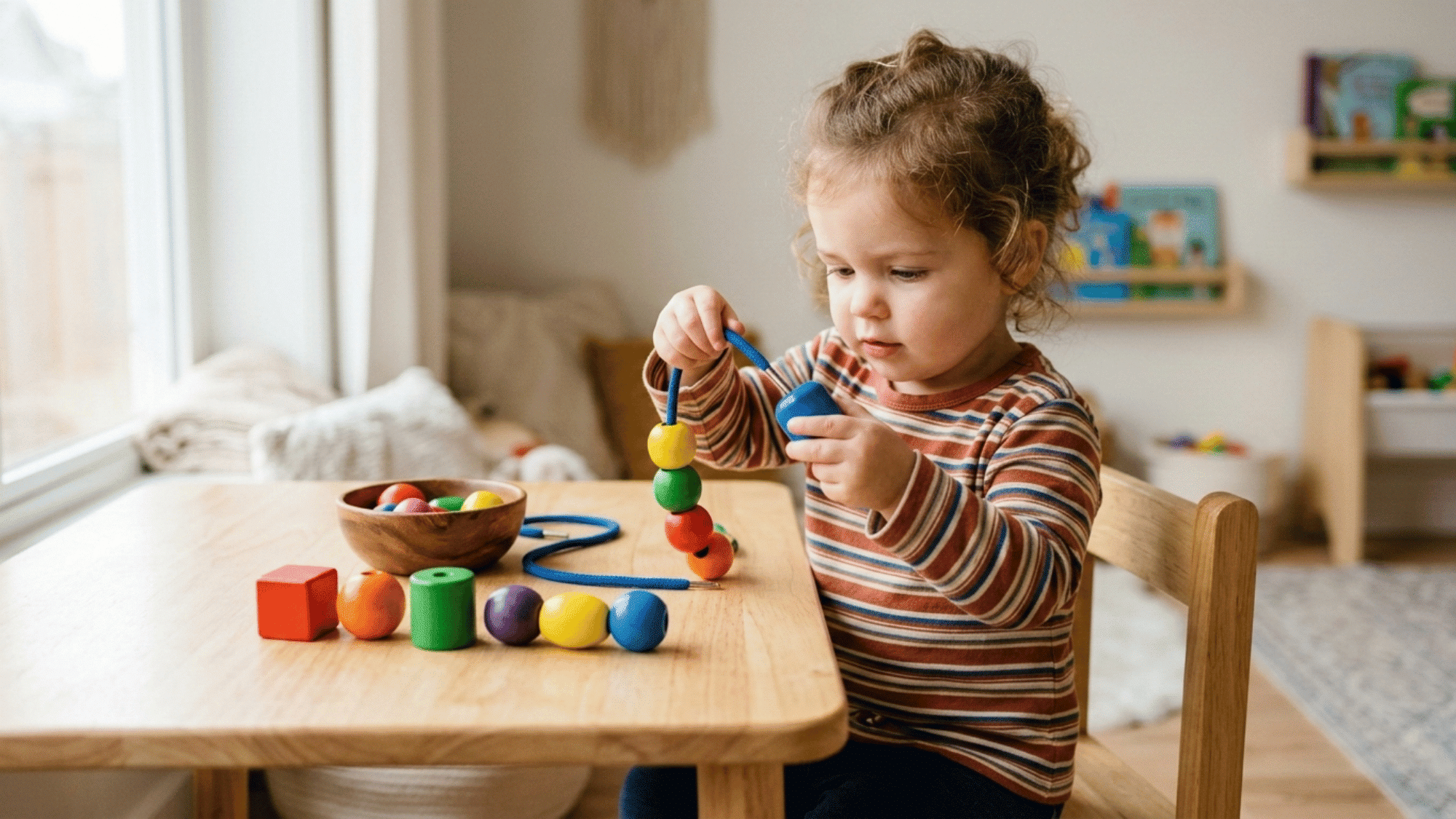 Toddler threading colorful beads onto a lace while sitting at a wooden table.