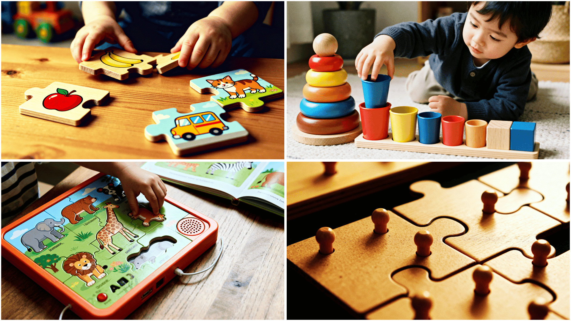 Toddlers playing with wooden puzzles and stacking toys inset tray puzzle, stacking rings, animal sound puzzle board, and knob puzzle pieces.