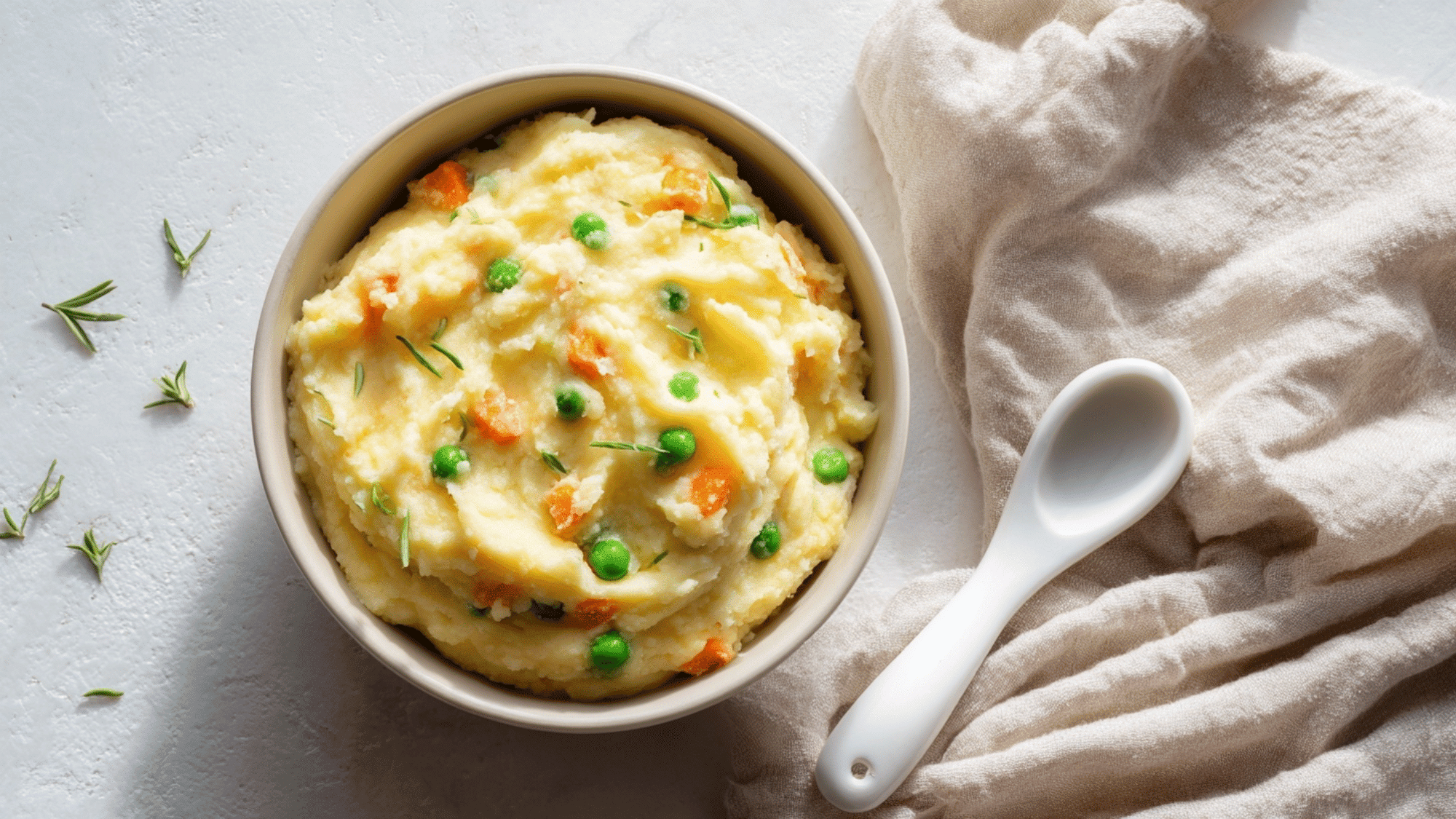 Tofu and vegetable mash in a baby bowl with spoon on a clean surface