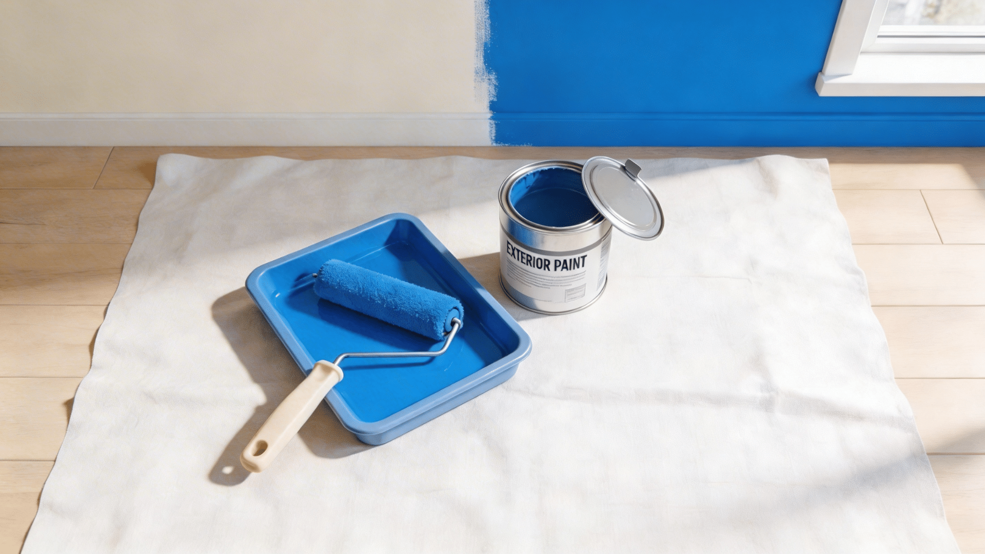 Top view of indoor painting setup with roller tray drop cloth and exterior paint can near wall