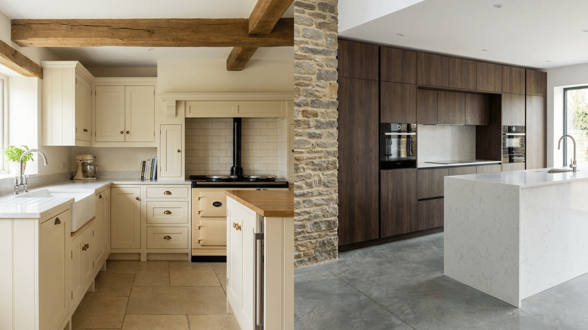 Traditional kitchen with inset cabinets next to modern kitchen with overlay cabinets