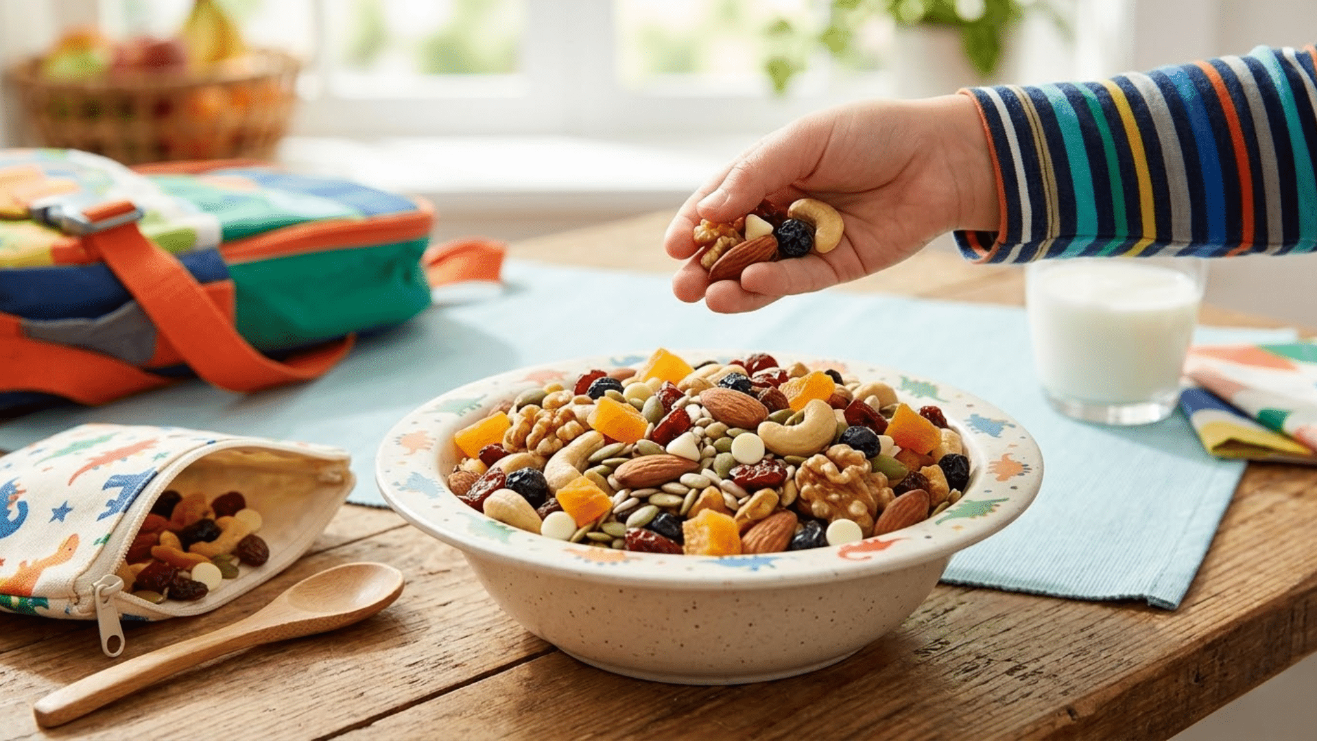 Trail mix with nuts, seeds, and dried fruit, a quick and healthy snack for kids