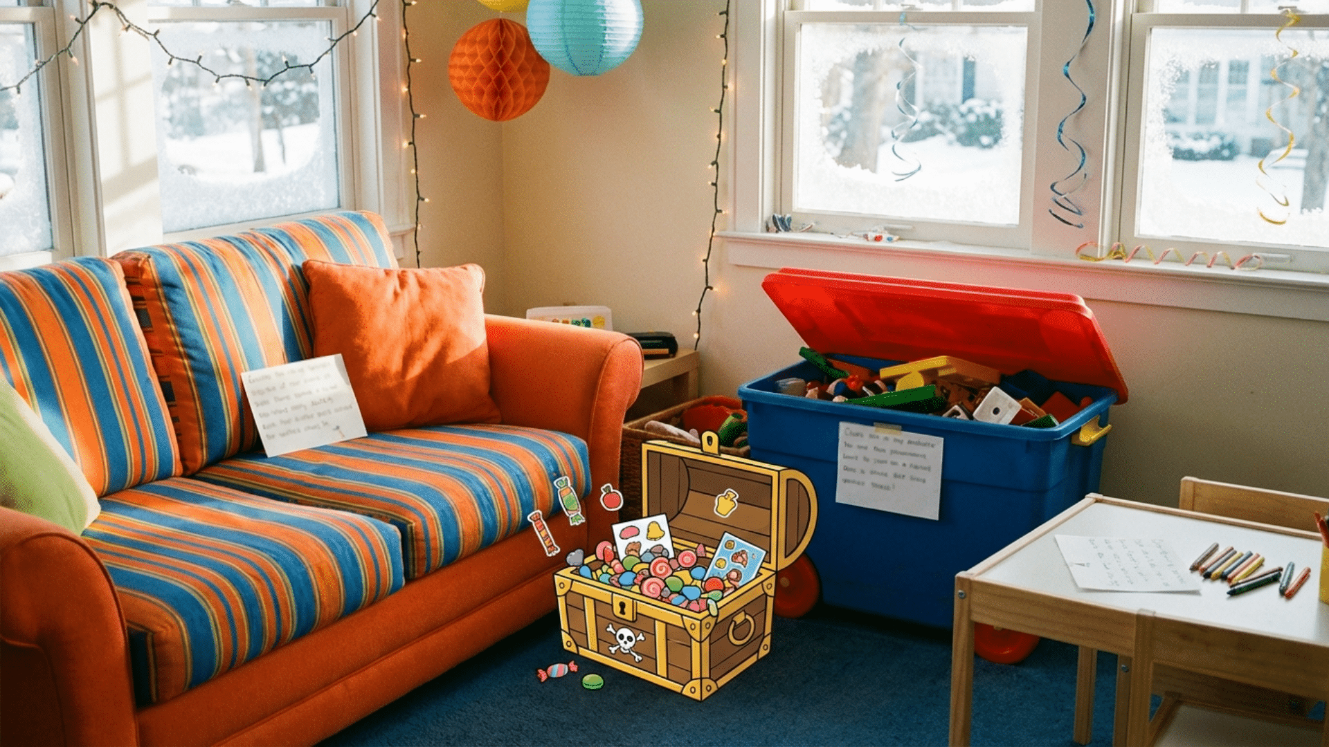 Treasure hunt clues and prize setup for kids birthday party