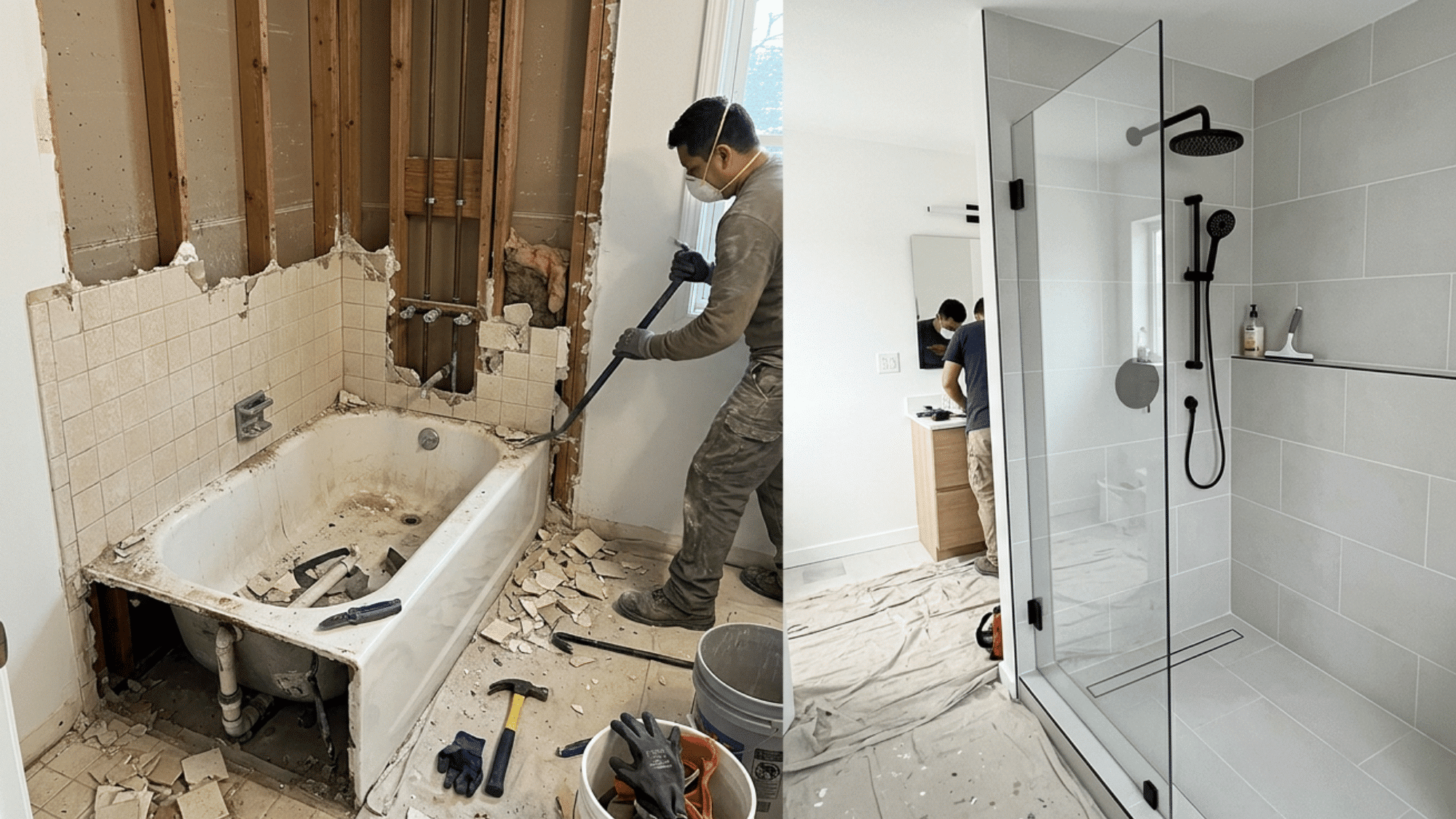 Tub to shower conversion showing cost stages from old tub removal to new shower setup