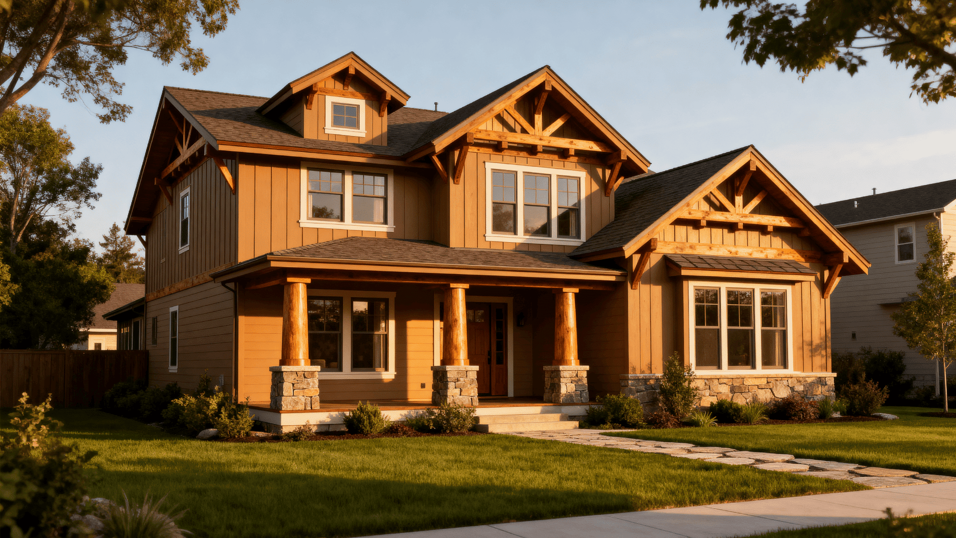 Two-story Craftsman home with timber gables, wood columns on stone bases, large windows, and landscaped lawn in warm evening light.