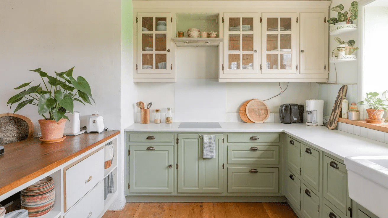 Two-tone kitchen with sage green lower cabinets and white uppers in a rustic space
