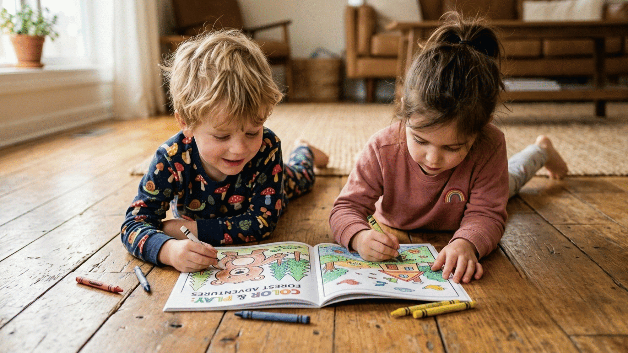 Two young children lie on a wooden floor coloring in an open coloring book with crayons scattered nearby.
