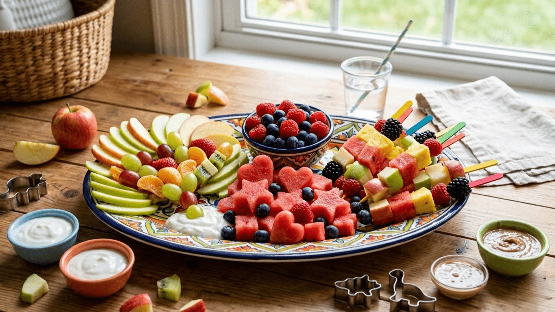 Variety of fresh fruits like apples, berries, and watermelon used as healthy snack ideas for kids