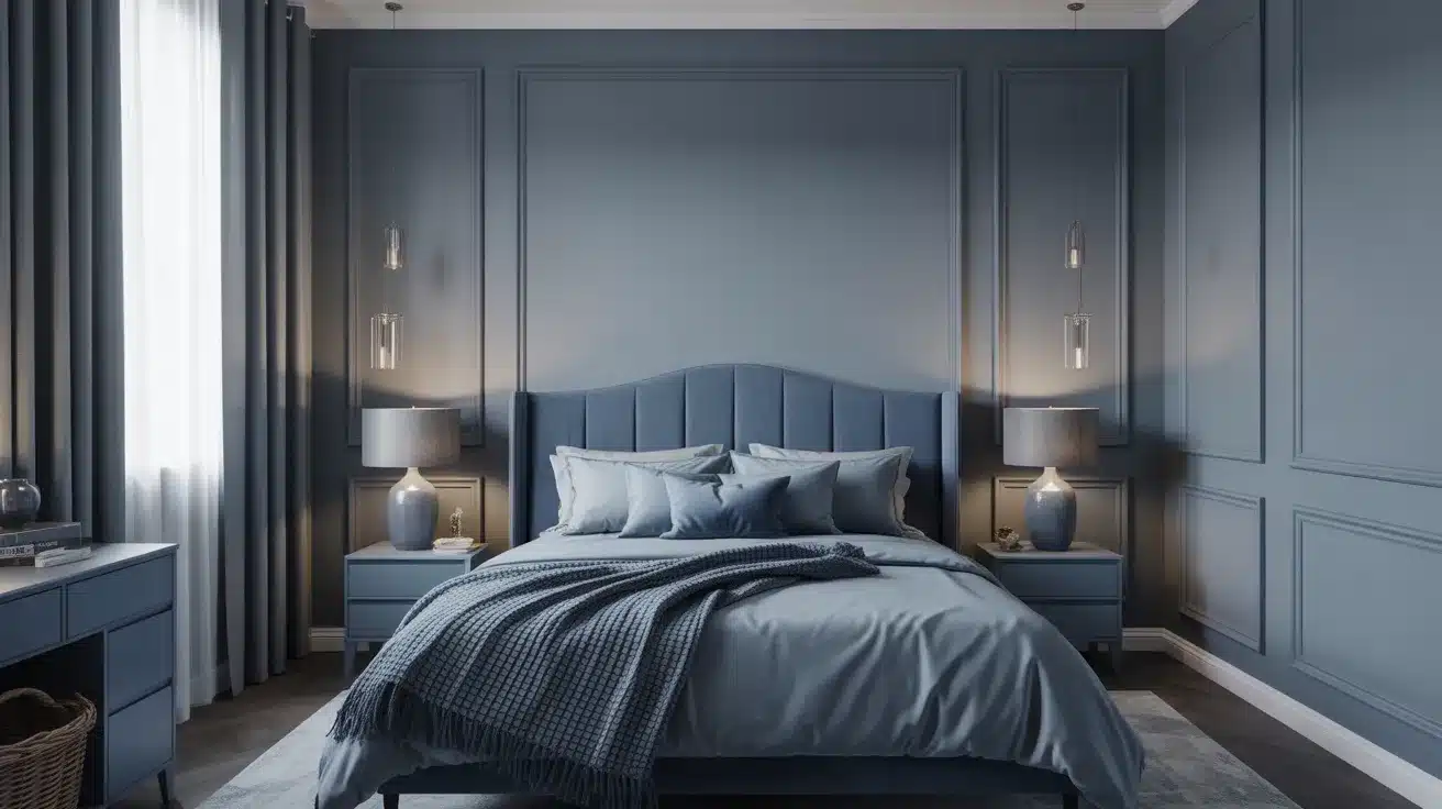 Varying shades of dusty blue across walls, bedding, and accessories in a polished monochrome aesthetic room idea