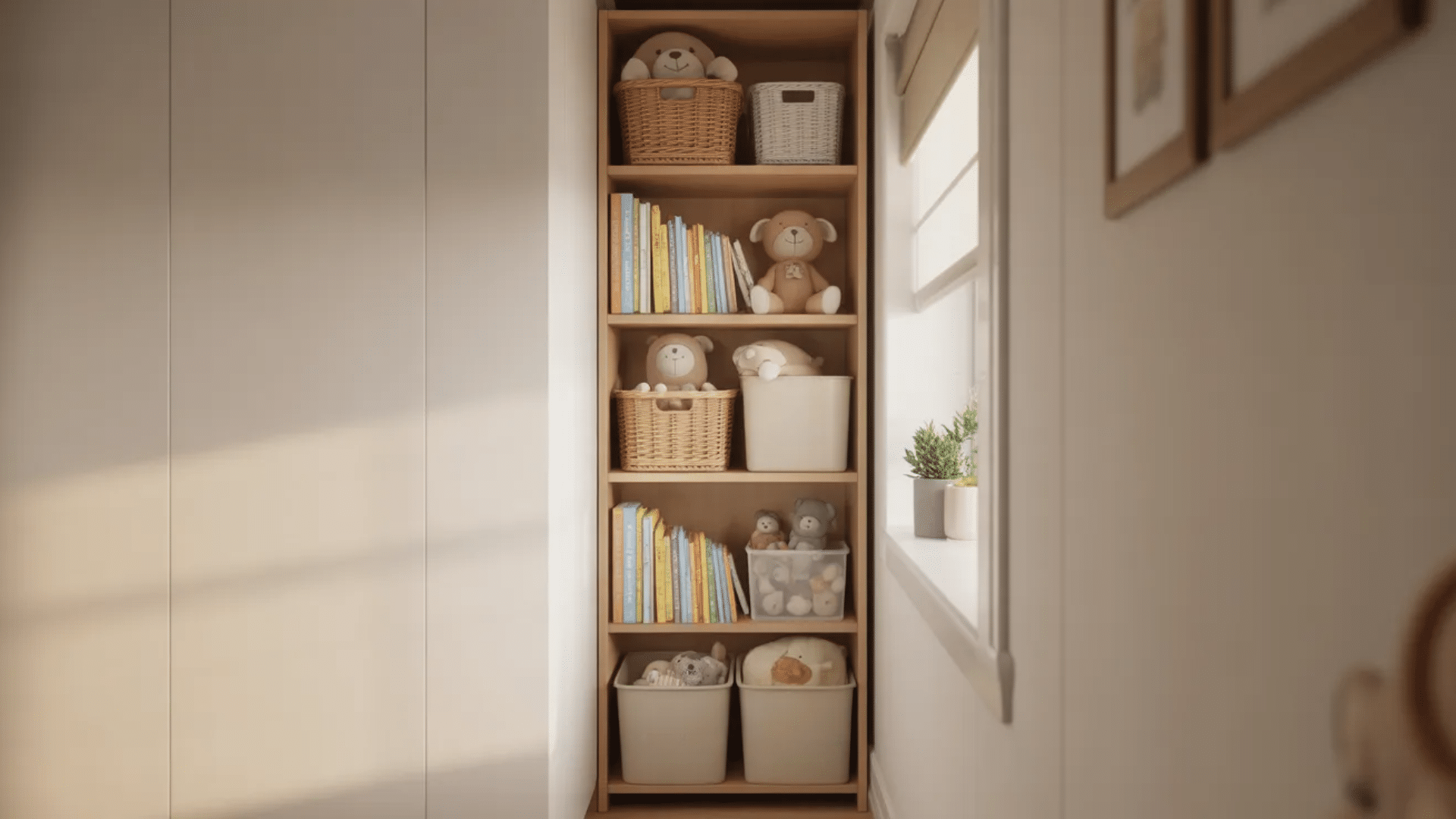 Vertical storage unit in compact nursery space