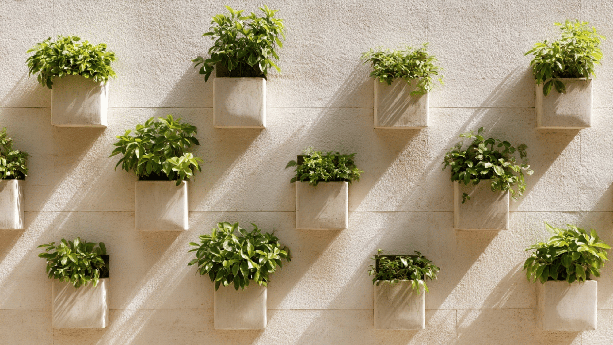 Vertical wall garden with neatly arranged plants in a clean modern setup
