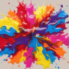 Vibrant multicolored liquid paint splattering outwards from a central point against a bright white background.