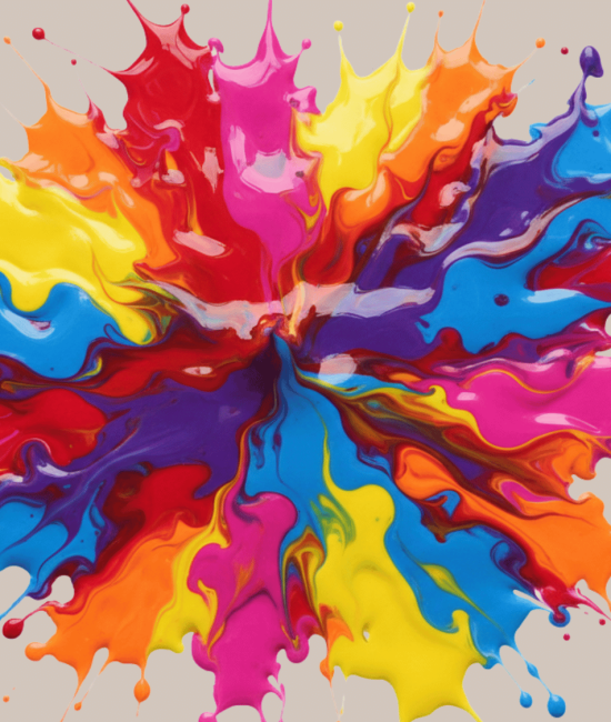 Vibrant multicolored liquid paint splattering outwards from a central point against a bright white background.