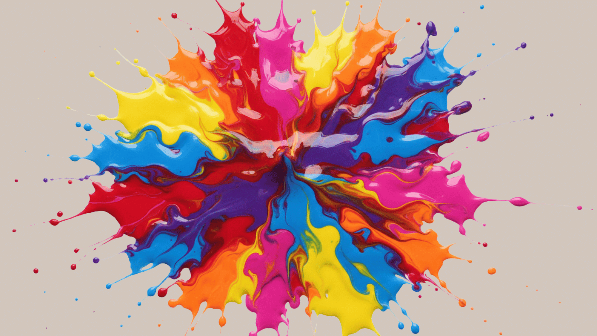 Vibrant multicolored liquid paint splattering outwards from a central point against a bright white background.