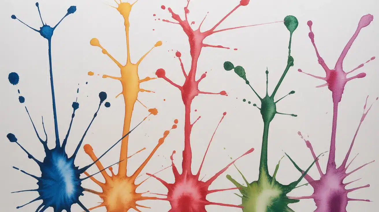 Vibrant splatters of liquid watercolor paint blown into long, spindly _branches_ across a page using a drinking straw