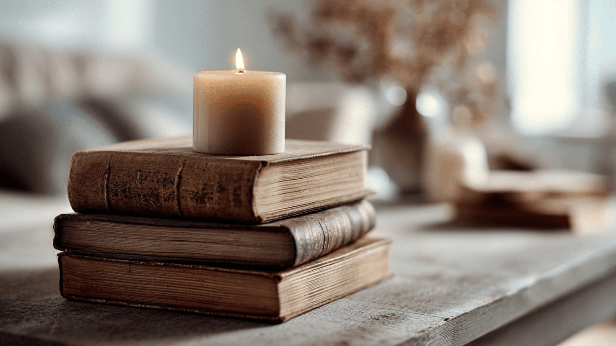 Vintage books stacked with candle on top
