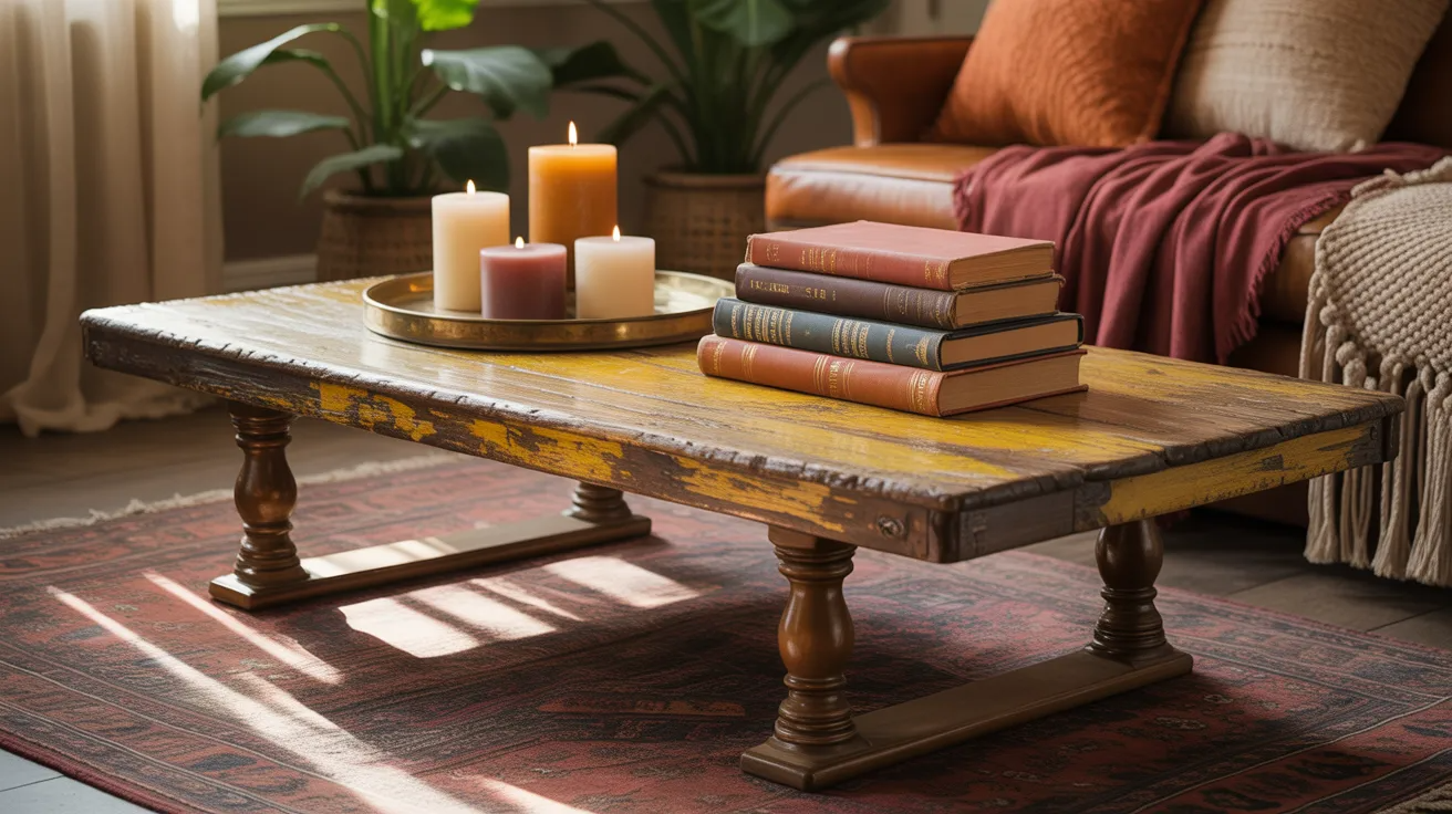 Vintage coffee table with books and decor pieces adding character to a boho living room