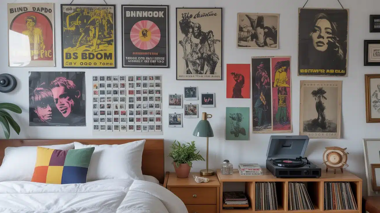 Vintage posters, polaroid grids, and a record player filling an eclectic and personal indie aesthetic room idea