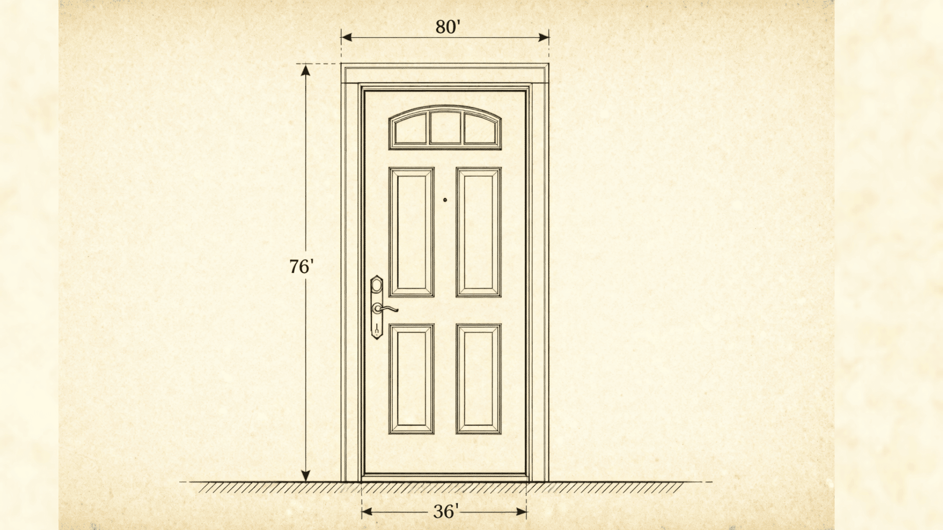Vintage-style diagram of an exterior door with dimensions labeled (80 height, 36 width), set on a beige textured background with frame details.