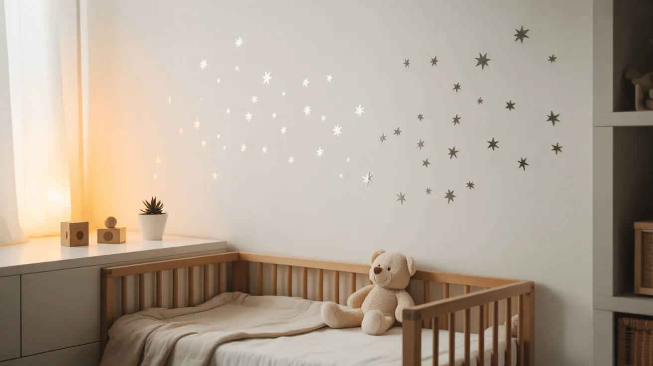 Wall decals decorating small nursery.