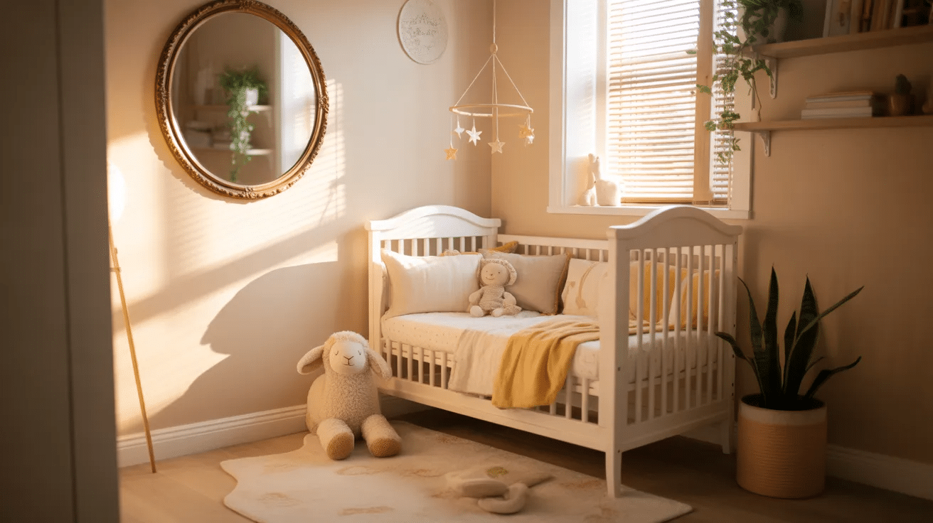 Wall mirror used to brighten small nursery.