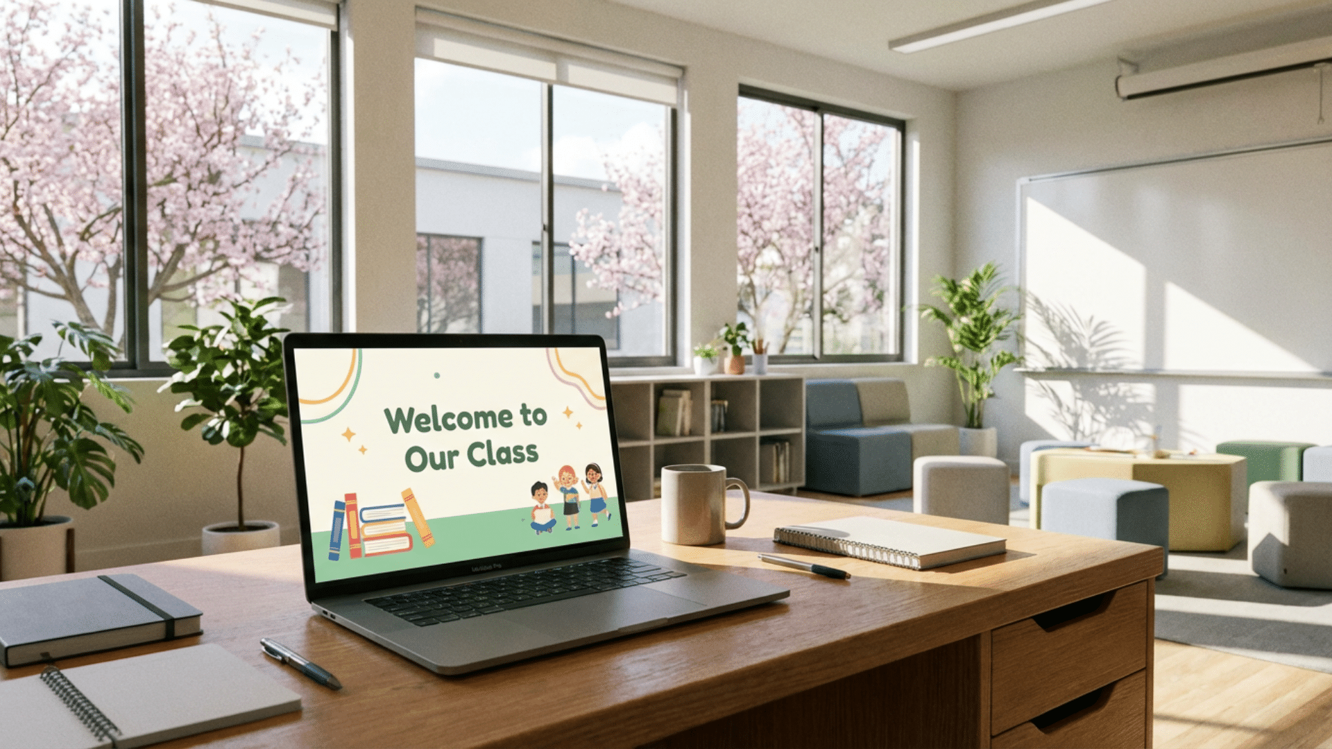 Welcome presentation slide displayed on teacher desk