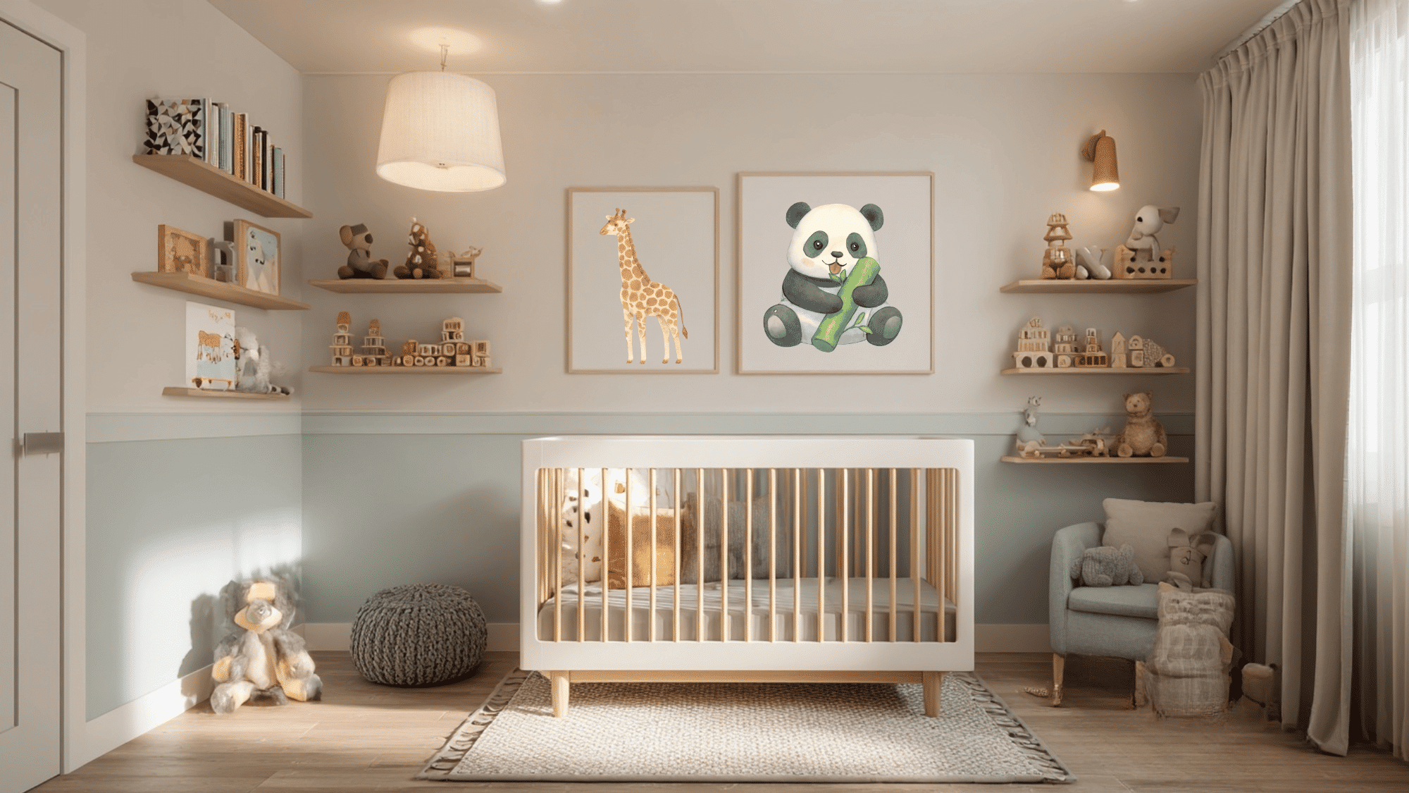 _Whimsical nursery with pastel walls, themed art, and light wood crib.