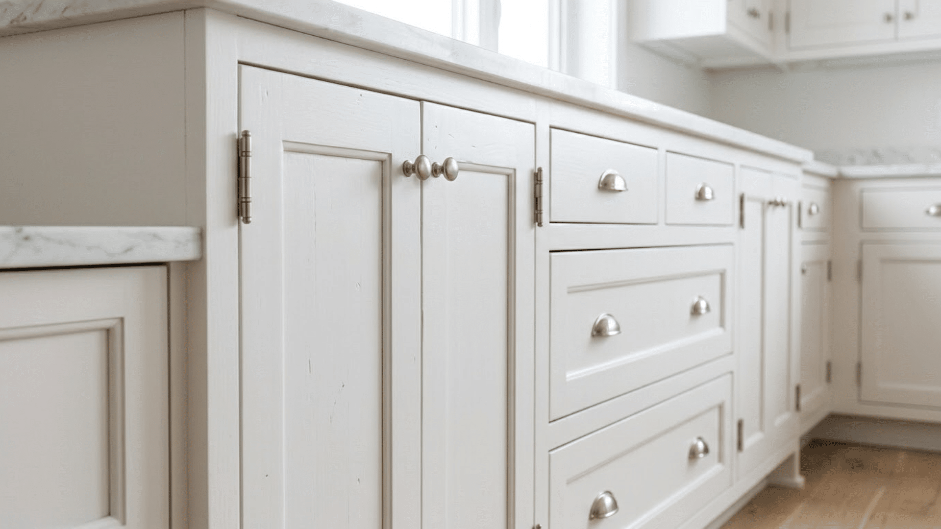 White inset kitchen cabinets with doors flush inside the frame and exposed hinges
