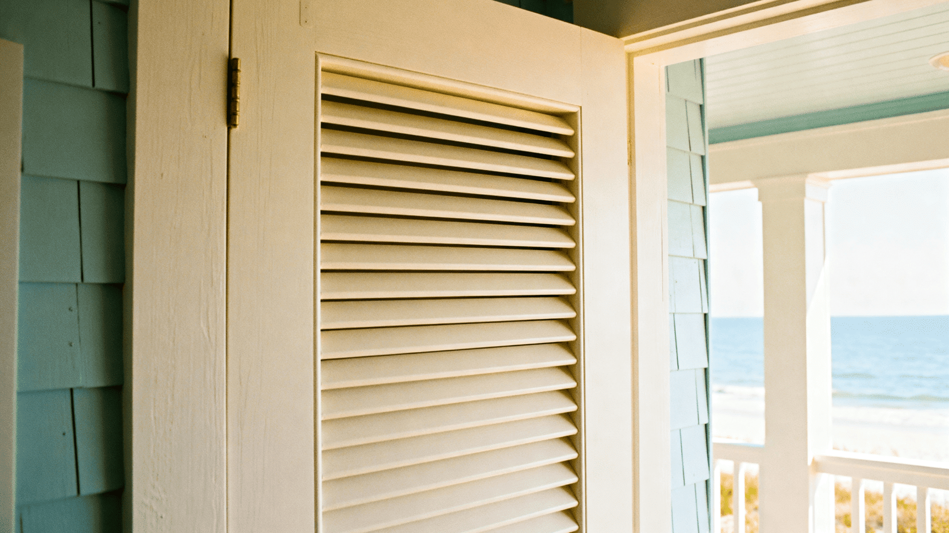 White louvered door with slatted panels, open to a bright seaside porch with ocean view, soft light, and coastal-style exterior walls