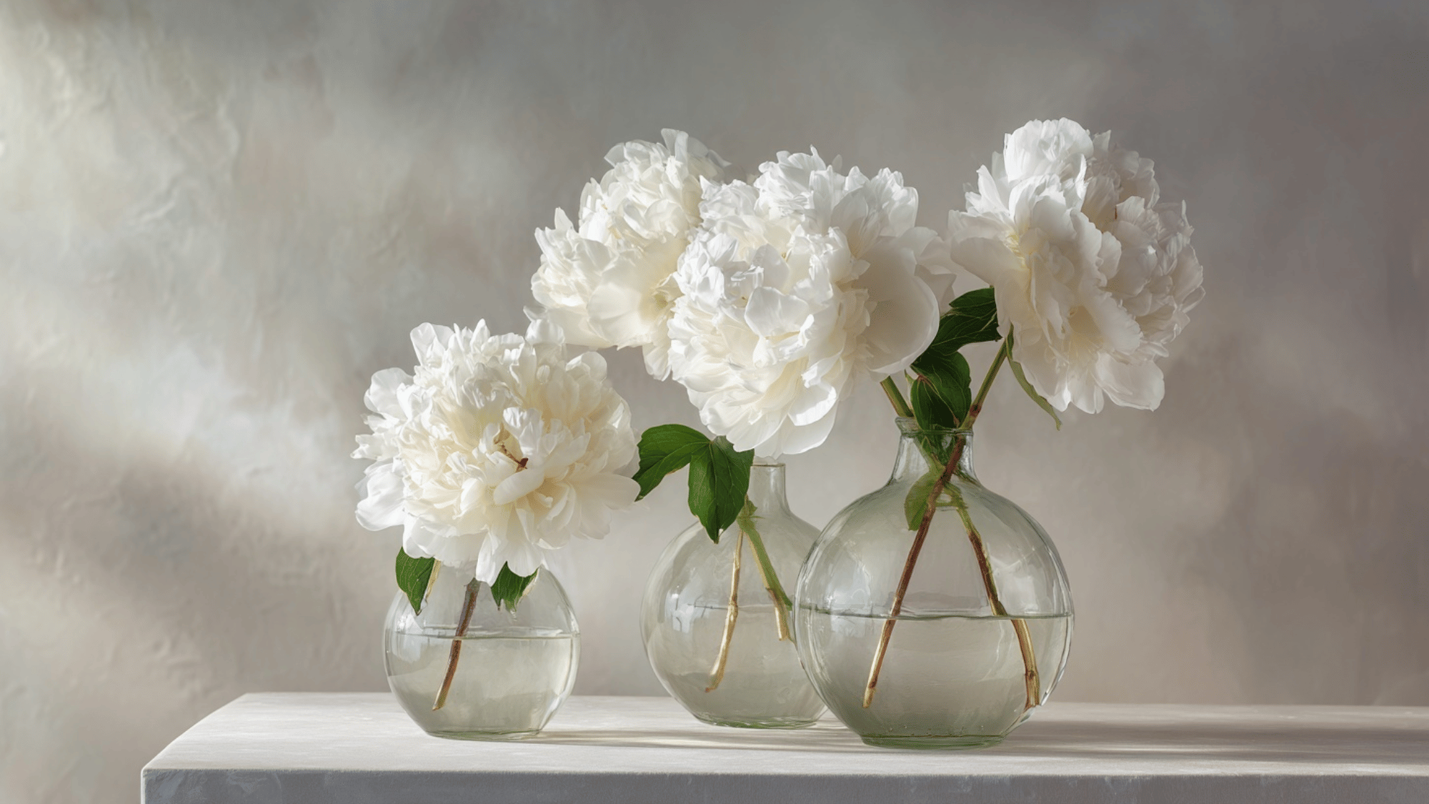 White peonies in clear glass vases on a table