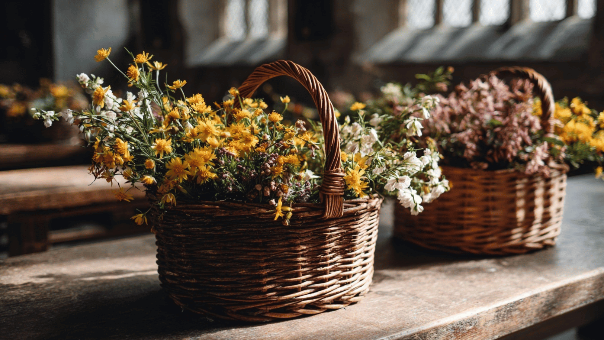 Wicker baskets with seasonal flowers