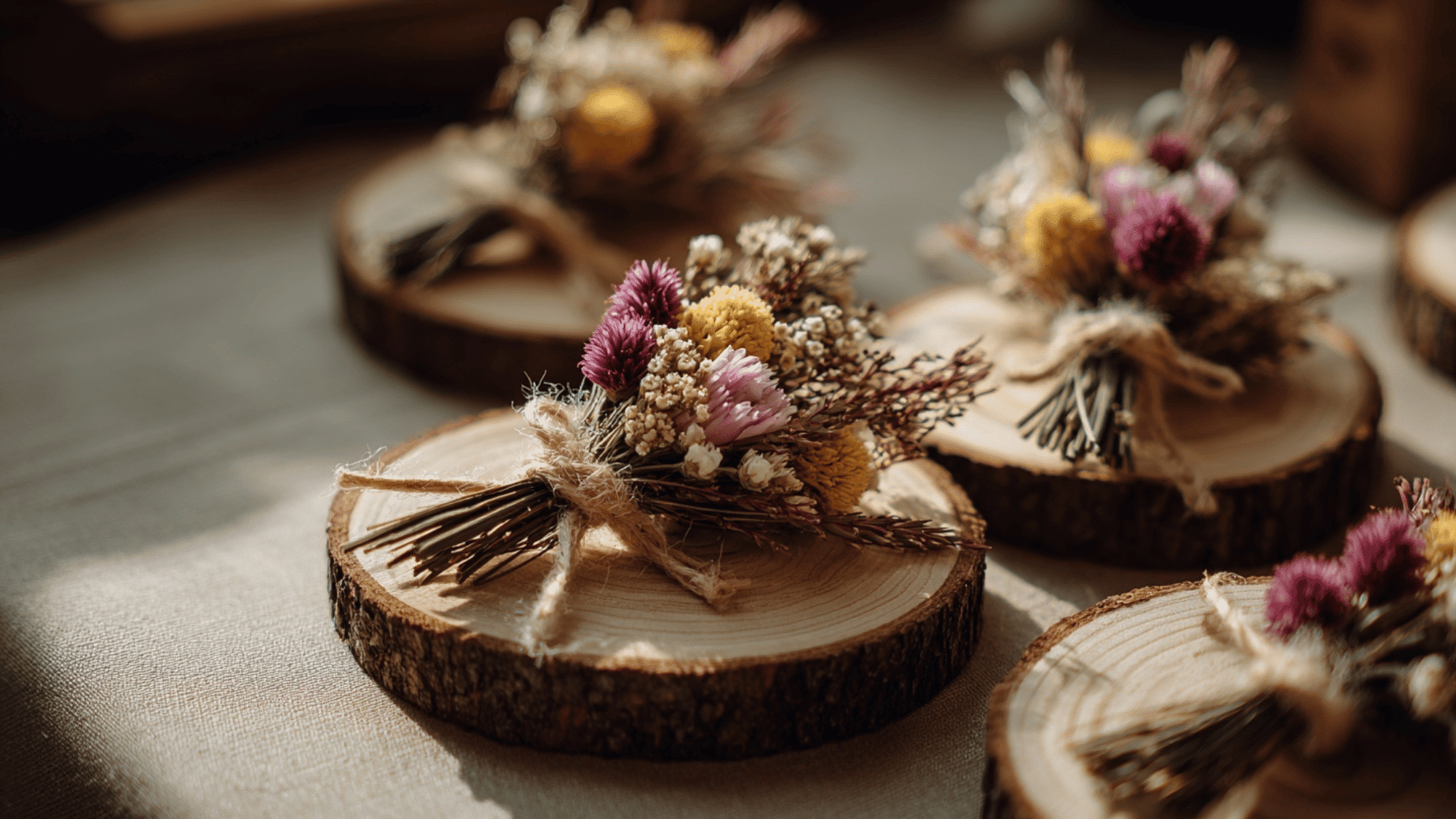 Wildflower bundles on wooden slices with rustic twine