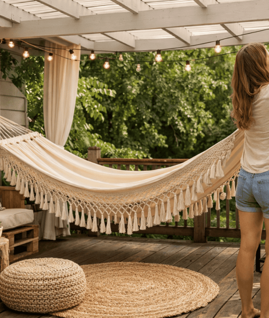 Woman hanging a macrame hammock between pergola posts on a cozy covered deck with string lights, plants, and budget-friendly decor