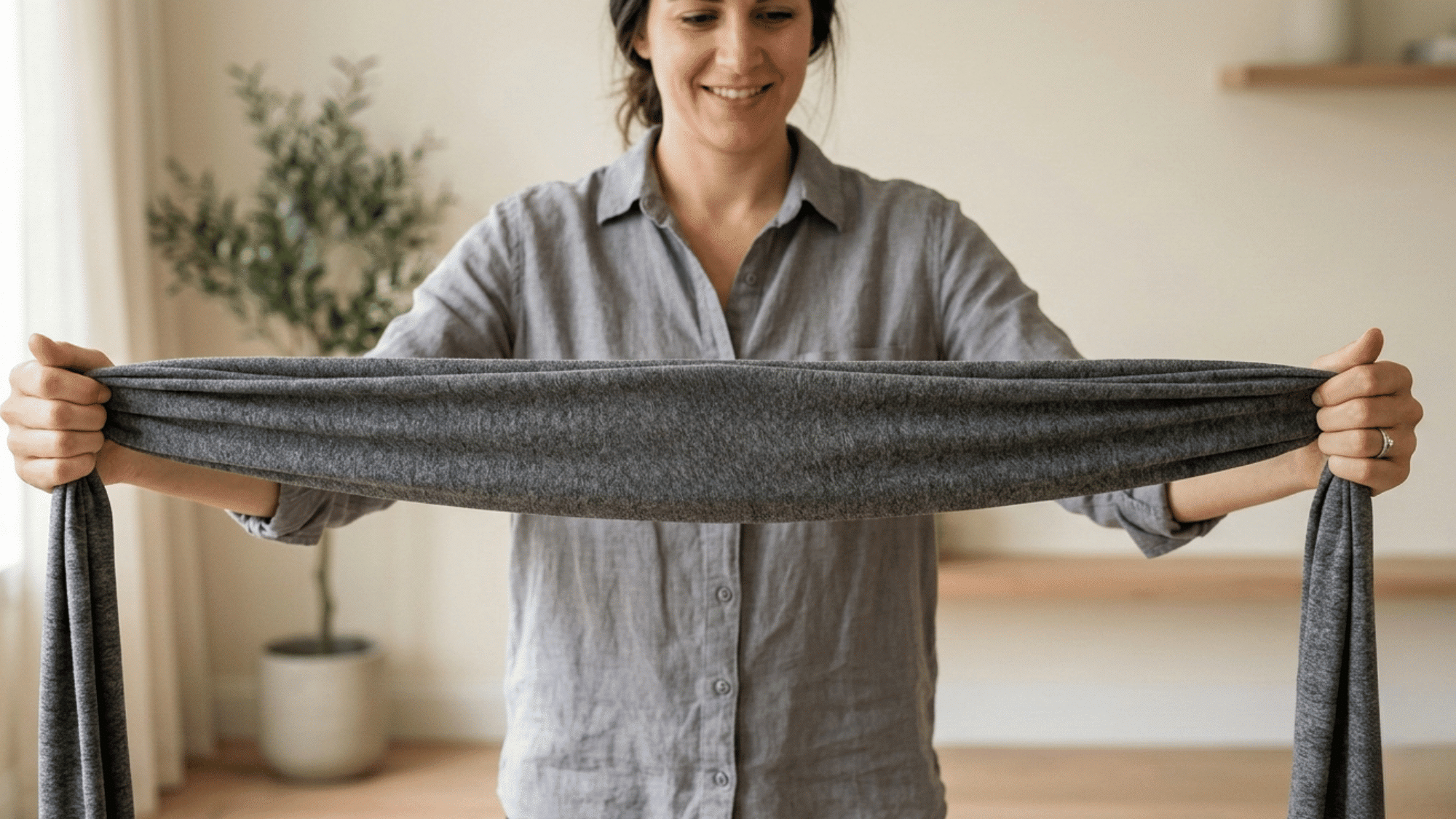 Woman holding baby wrap and finding the center tag before tying it