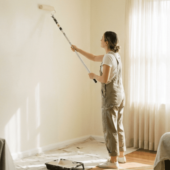 Woman using an extension pole to paint a pale yellow wall in a brightly lit room with drop cloths and ladders visible.