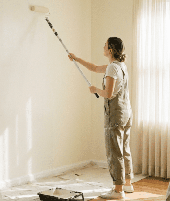 Woman using an extension pole to paint a pale yellow wall in a brightly lit room with drop cloths and ladders visible.