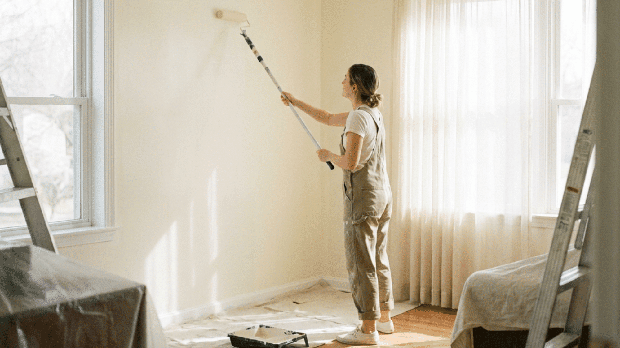 Woman using an extension pole to paint a pale yellow wall in a brightly lit room with drop cloths and ladders visible.
