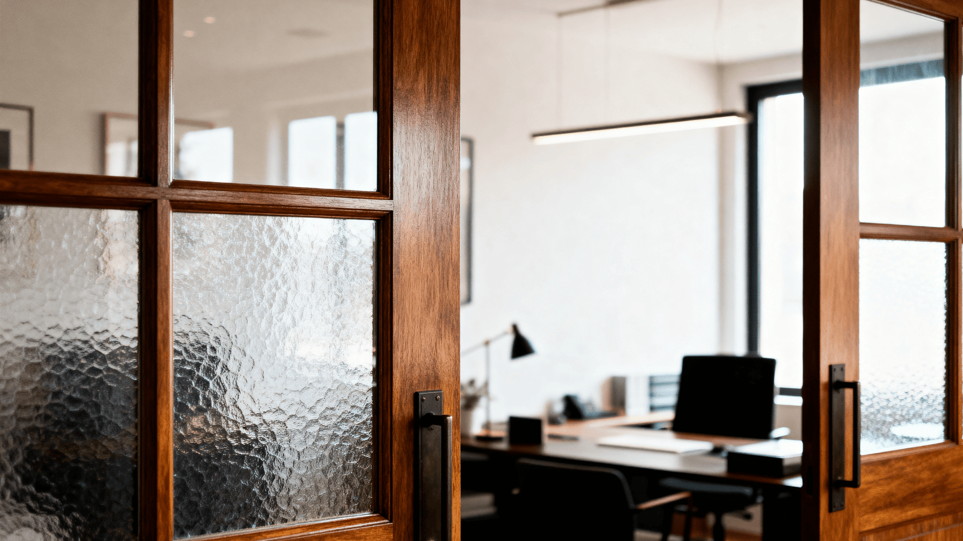 Wood-framed glass pane door with textured frosted panels, opening into a modern office with desk, chair, and soft natural lighting