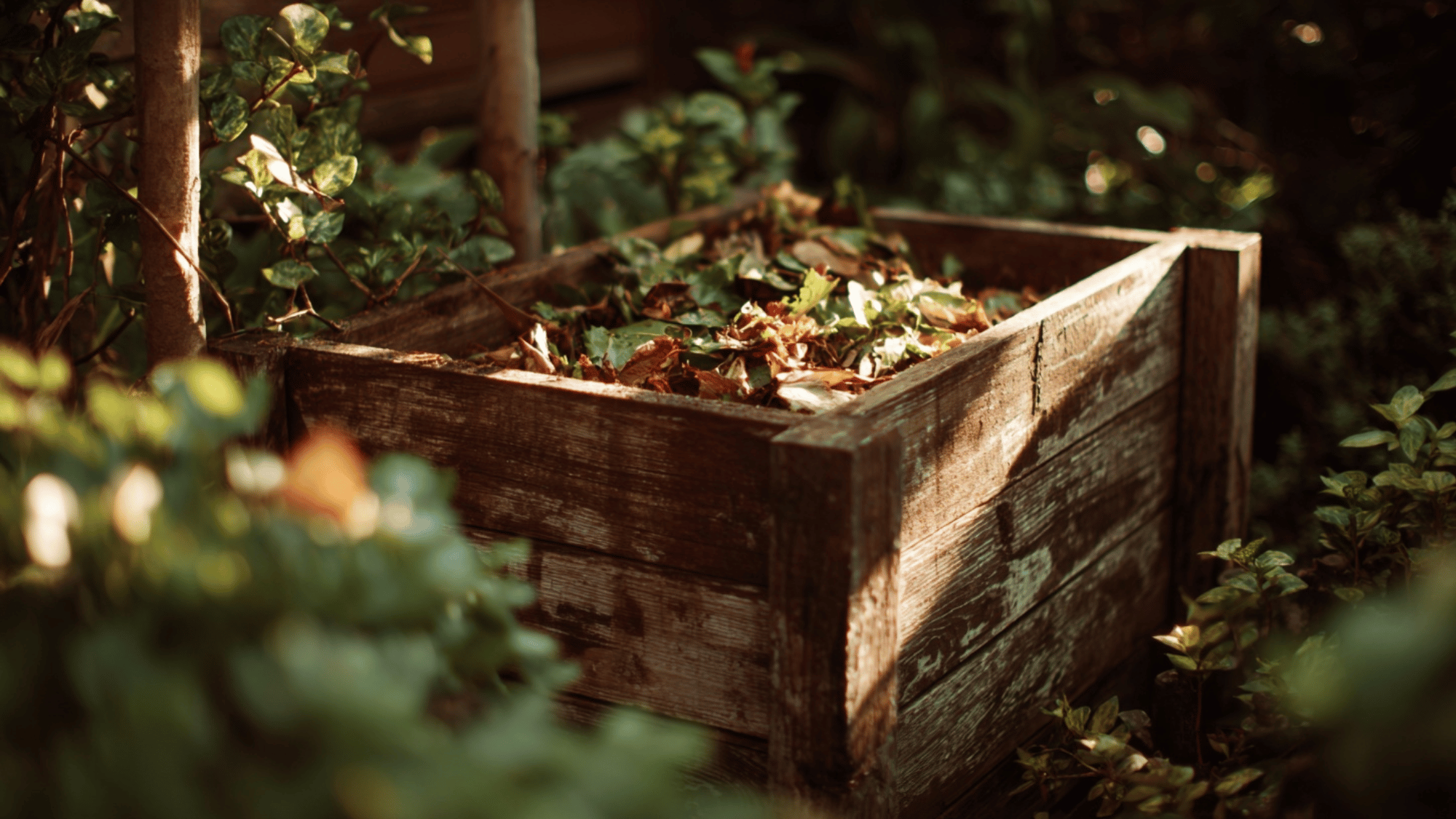 Wooden compost bin filled with organic waste in a clean garden corner