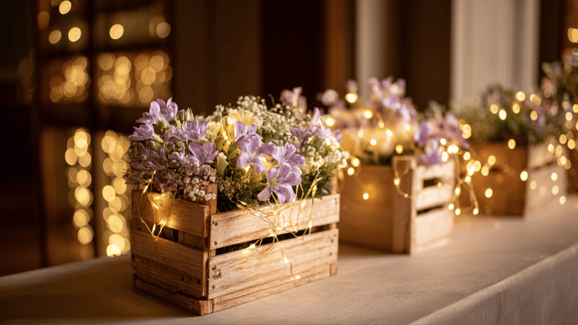 Wooden crates with flowers and fairy lights