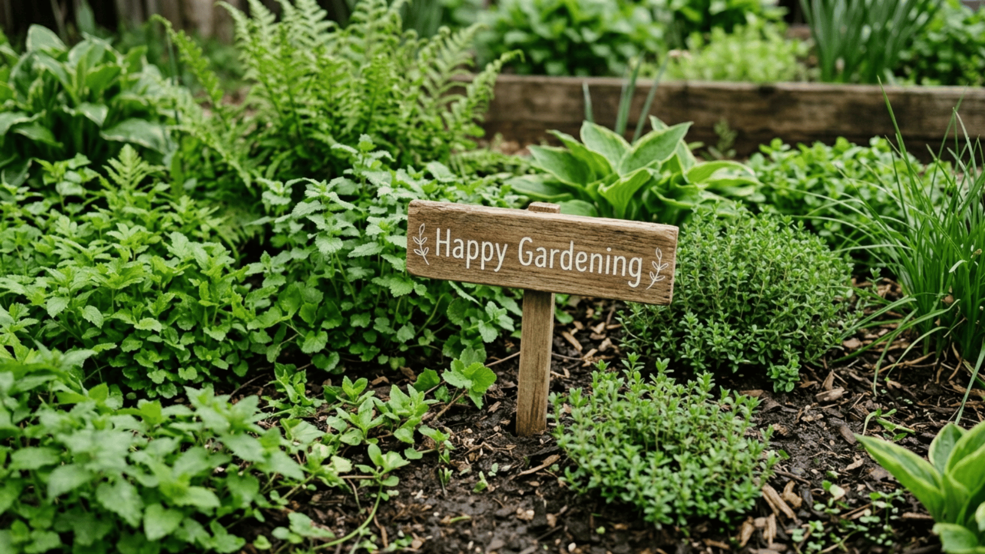 Wooden garden sign with simple text placed near plants in a neat garden