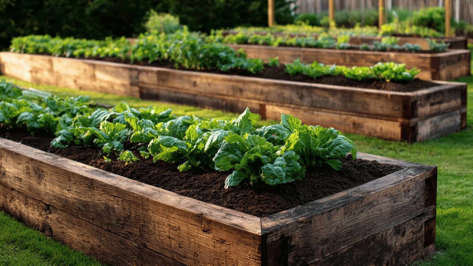 Wooden raised garden beds with green plants arranged neatly in a garden
